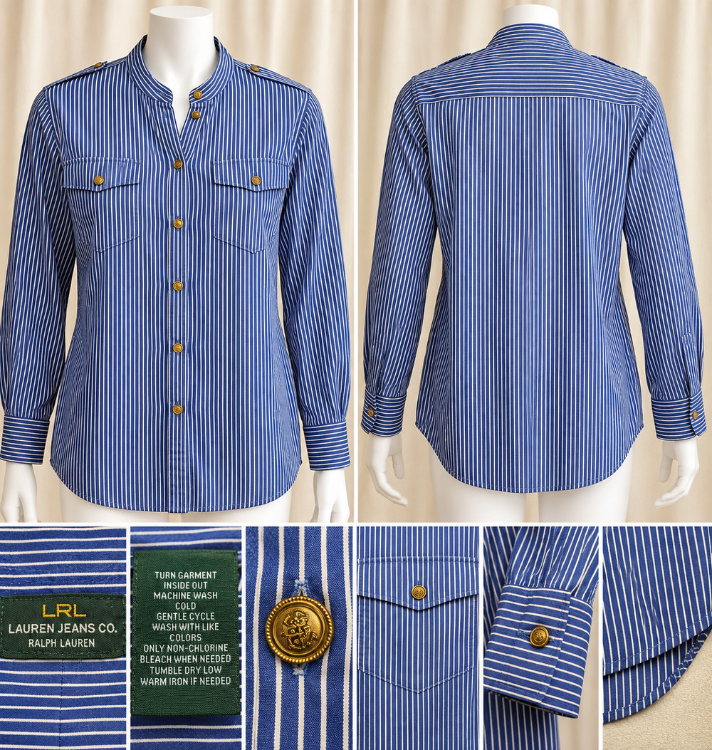 LRL Ralph Lauren Blue White XL Captain Button Up Blouse Striped Academia Preppy